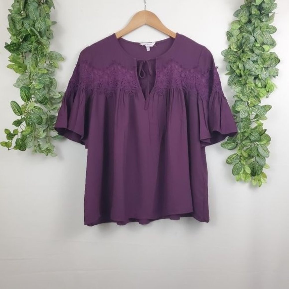Lucky Brand Butterfly Short Sleeve Tie Front Lace Blouse Medium Purple Spring